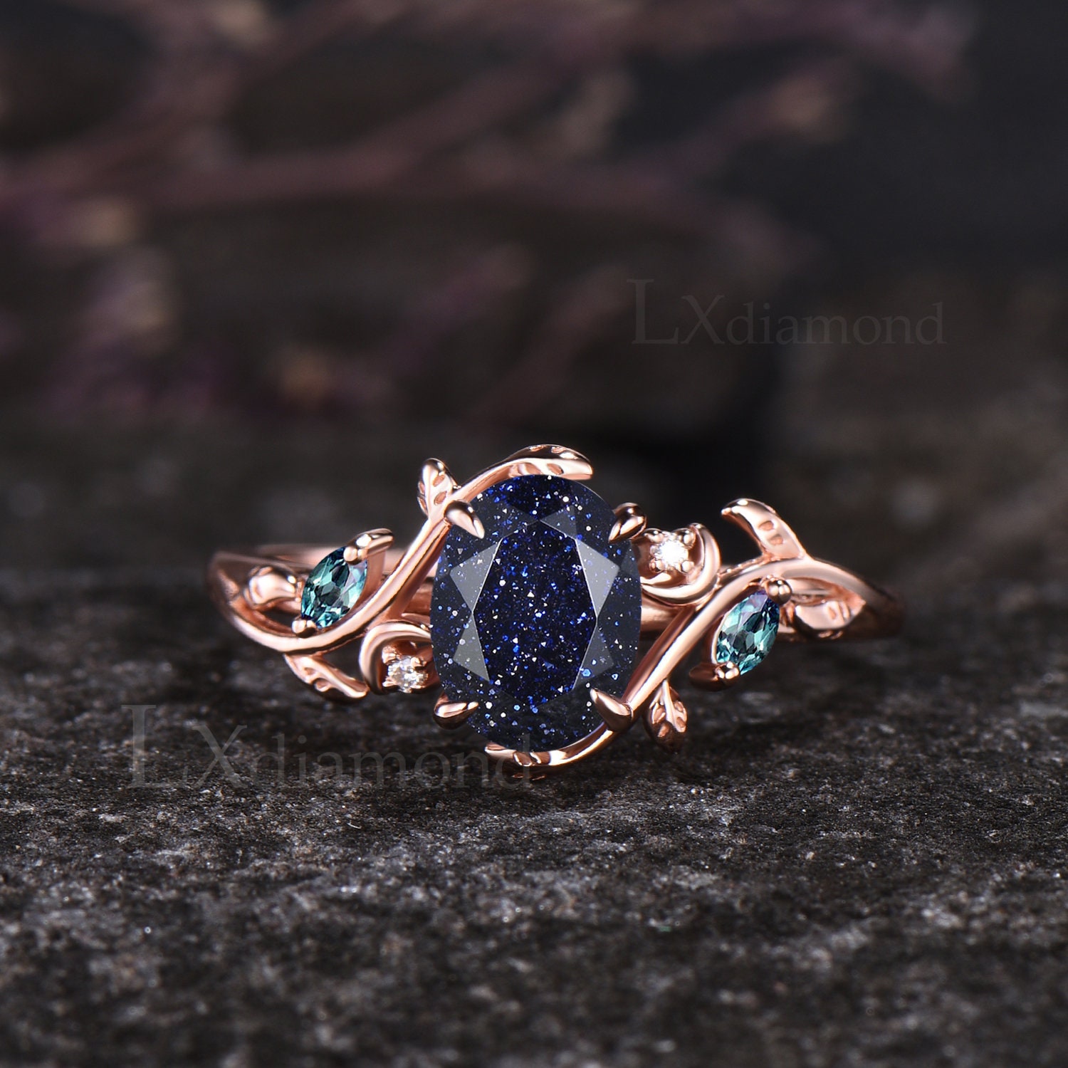 金色オーバル型リング 青色ストーン Galaxy Oval Cut Blue Sandstone Engagement Ring Set Unique