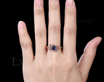 Hexagon Cut Galaxy Blue Sandstone Engagement Ring Unique Leaf Vine