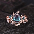 June Birthstone Pear Cut Alexandrite Engagement Ring Set Unique 14k Rose Gold Leaf Vine Twig Branch Nature Inspired Ring Moon Jewelry Gift