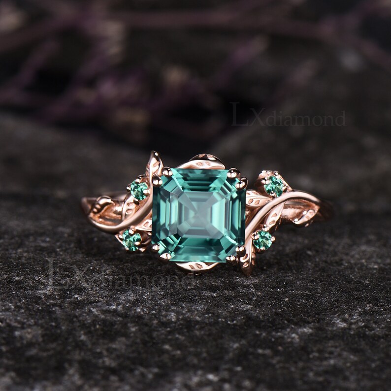 Leaf Vine Twig Branch Nature Inspired Wedding Ring Asscher Cut Green ...