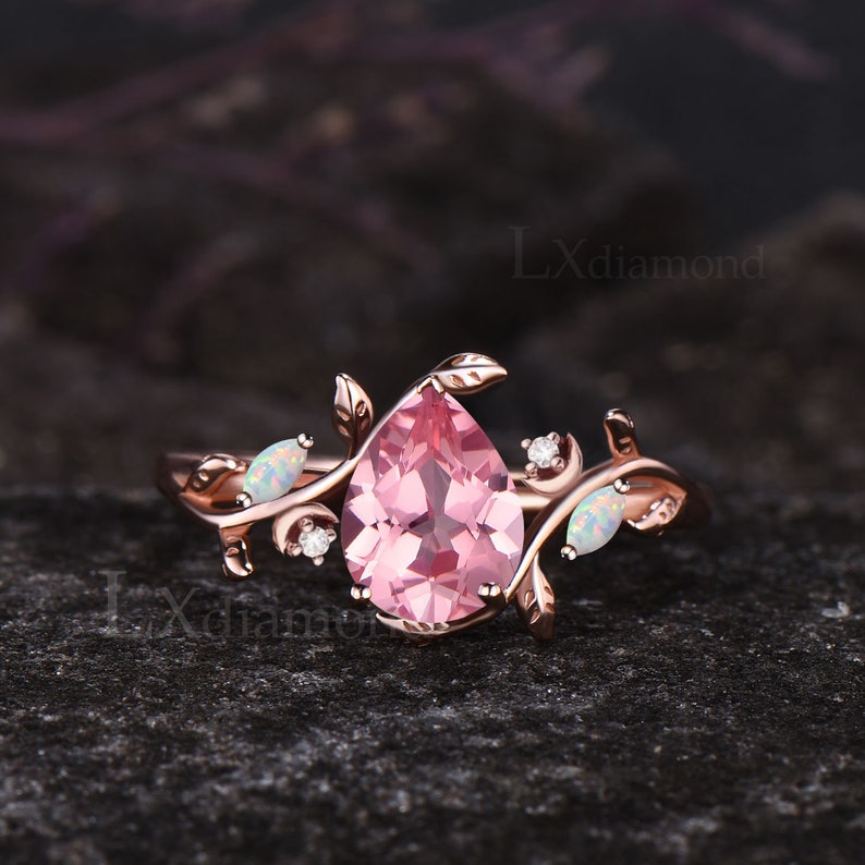 Anillo de compromiso de zafiro papalacha con corte de pera, anillo inspirado en la naturaleza de hoja única, anillo de luna de ópalo, zafiro Padparadscha, 2 piezas, anillo nupcial para mujeres 1pc Engagement Ring