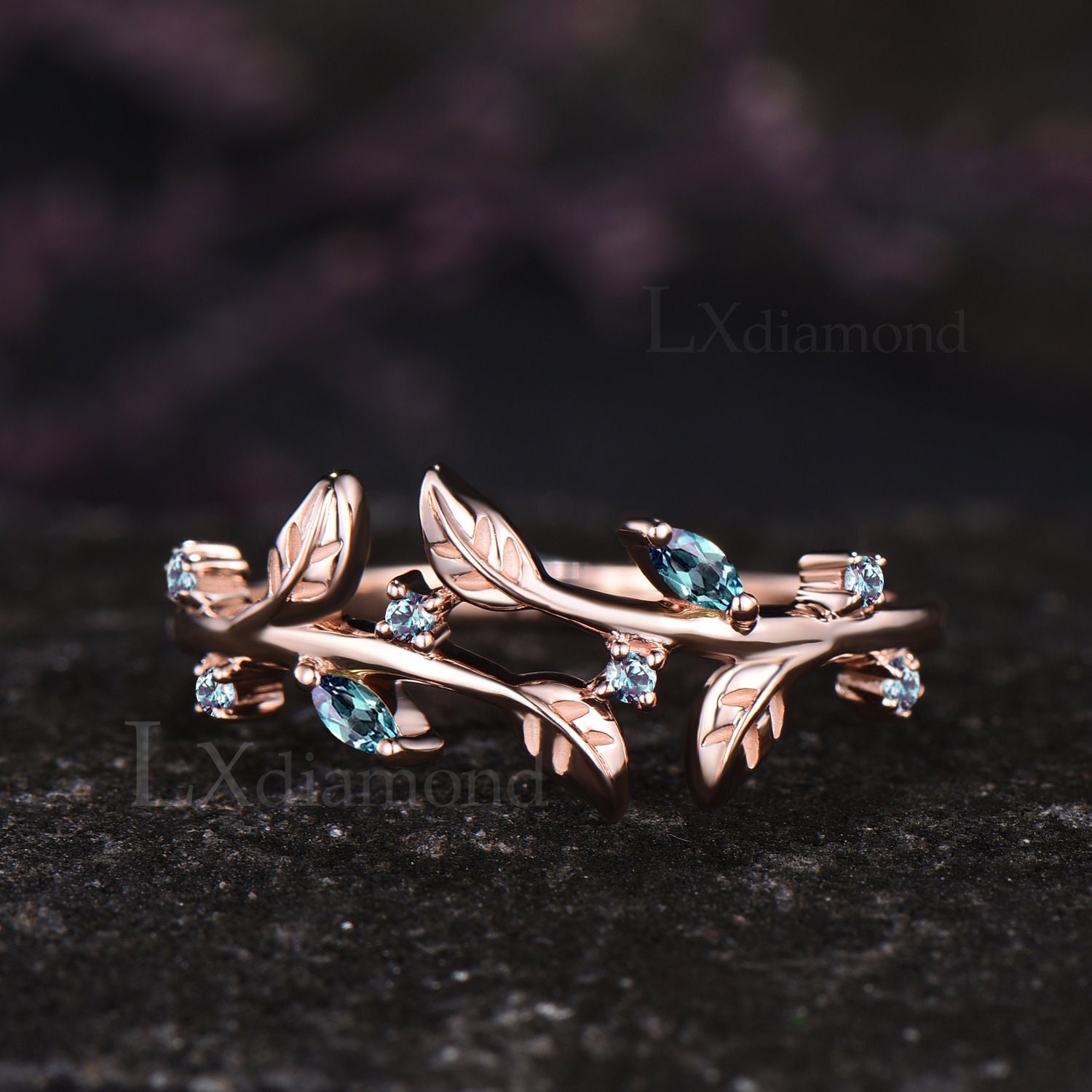 Vintage Leaf Nature Inspired Wedding Band Unique June Birthstone Alexandrite Wedding Ring Art Deco 14k Rose Gold Custom Birthday Jewelry