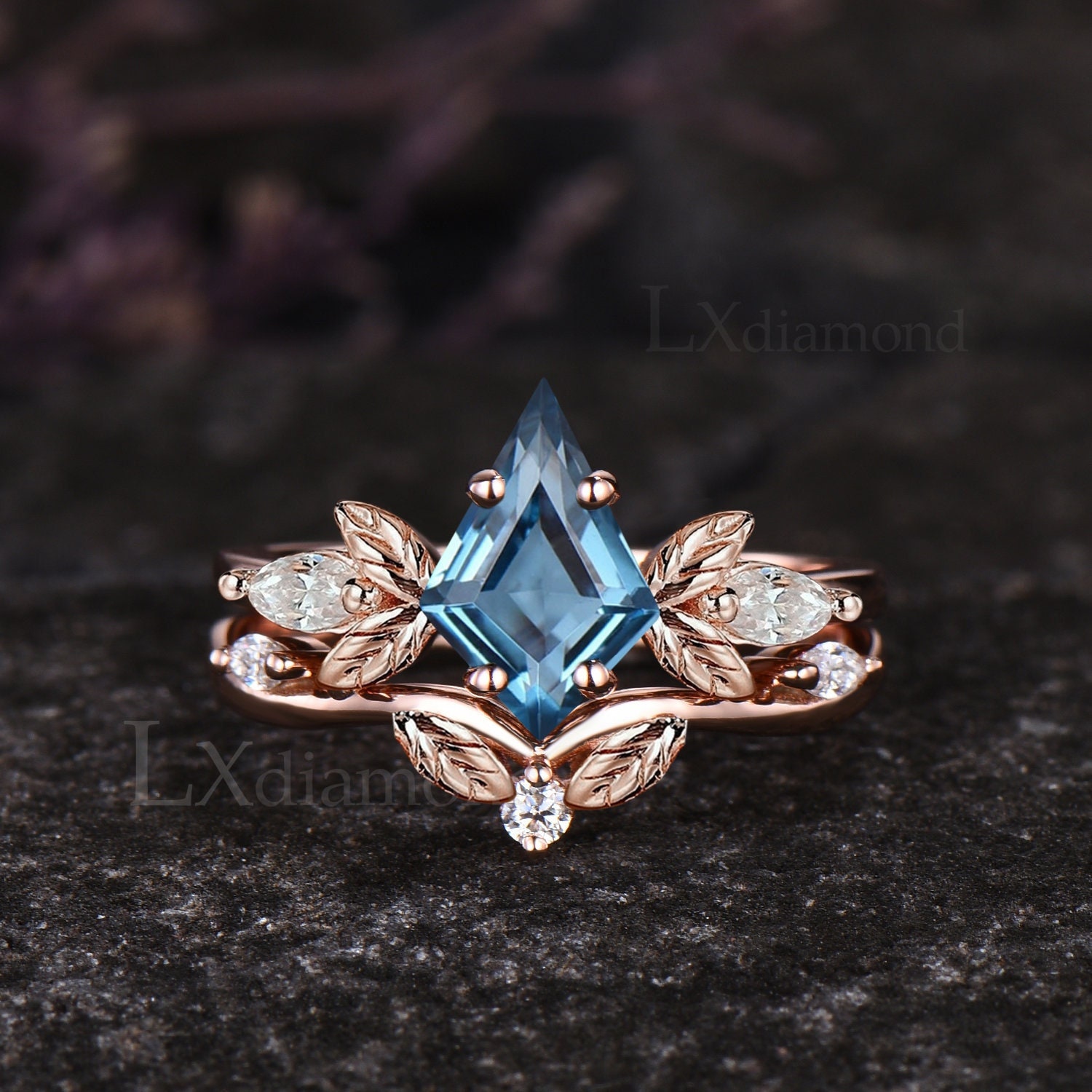 Kite Cut Natural London Blue Topaz Engagement Ring Set Unique Leaf Floral Nature Inspired Ring Moissanite Three Stone 2pcs Bridal Ring Set