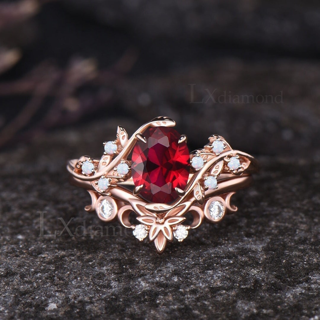 Vintage Oval Cut July Birthstone Ruby Engagement Ring Set Unique