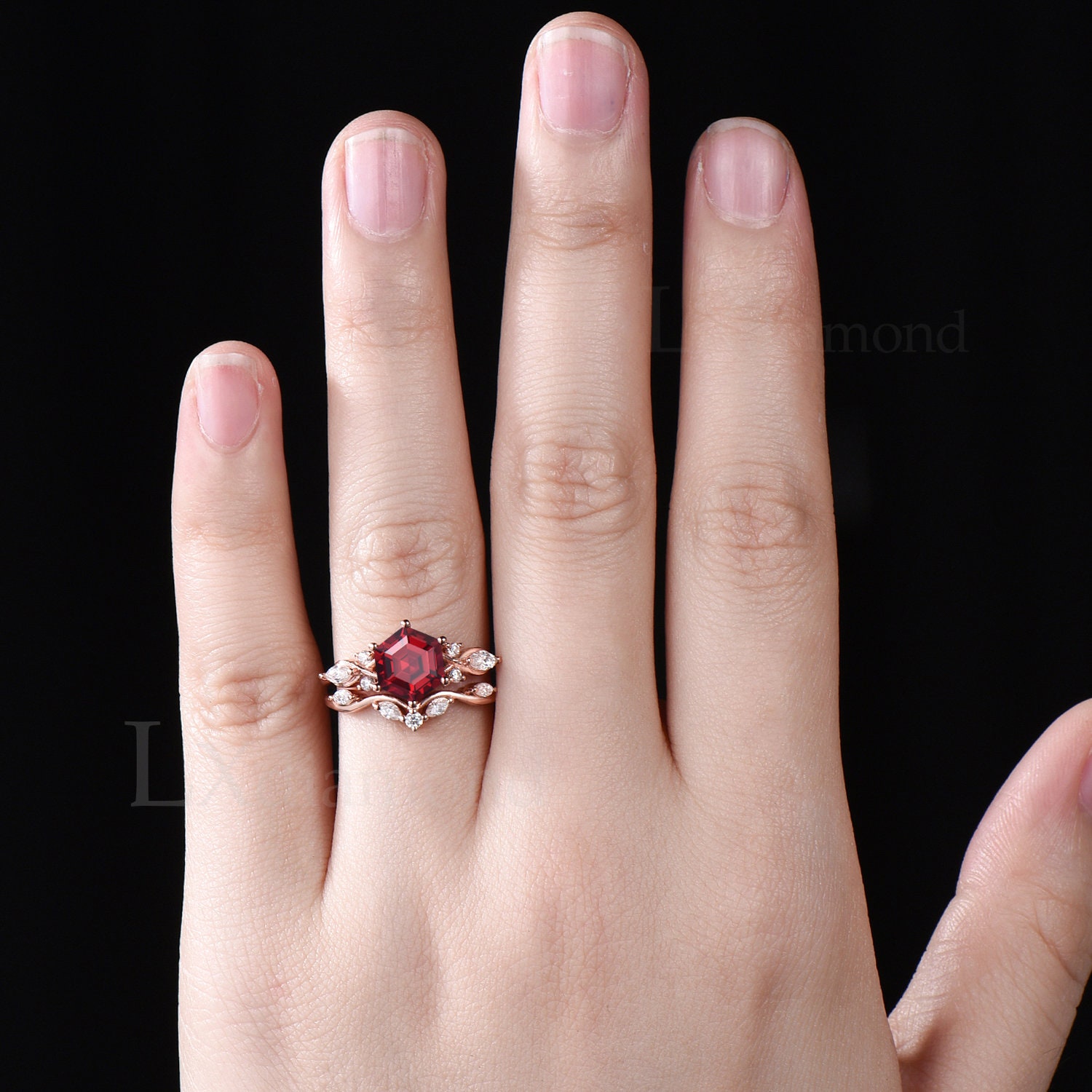 Antique Hexagon Cut Ruby Engagement Ring Set Vintage July