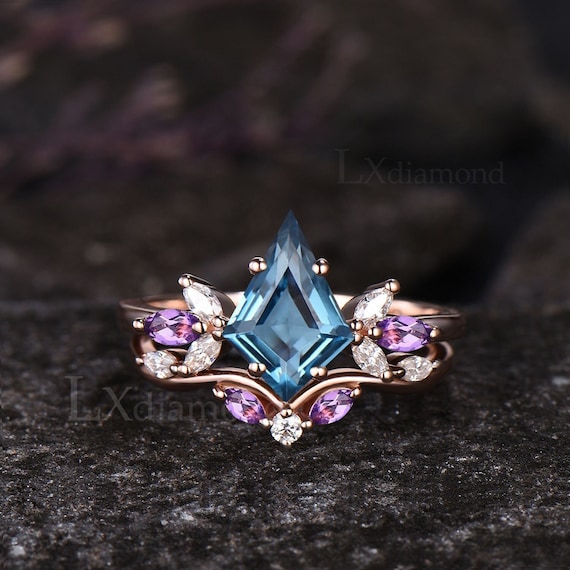 ユニークなカイトカット天然ロンドンブルートパーズエンゲージリング