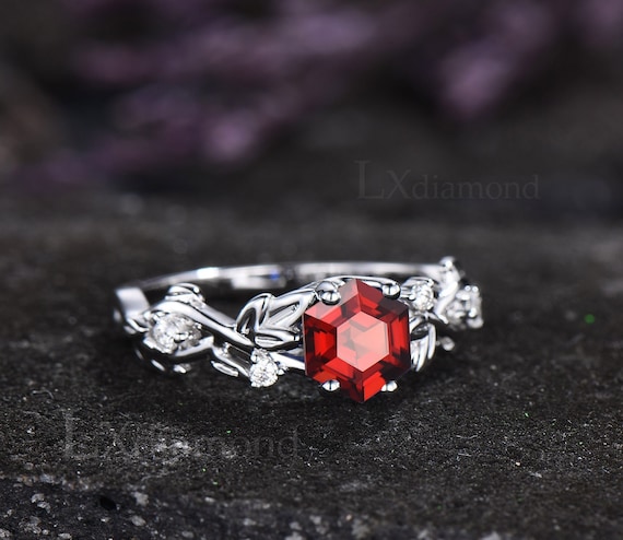 Vintage Style Hexagon Cut Red Garnet Engagement Ring 14k White - Etsy