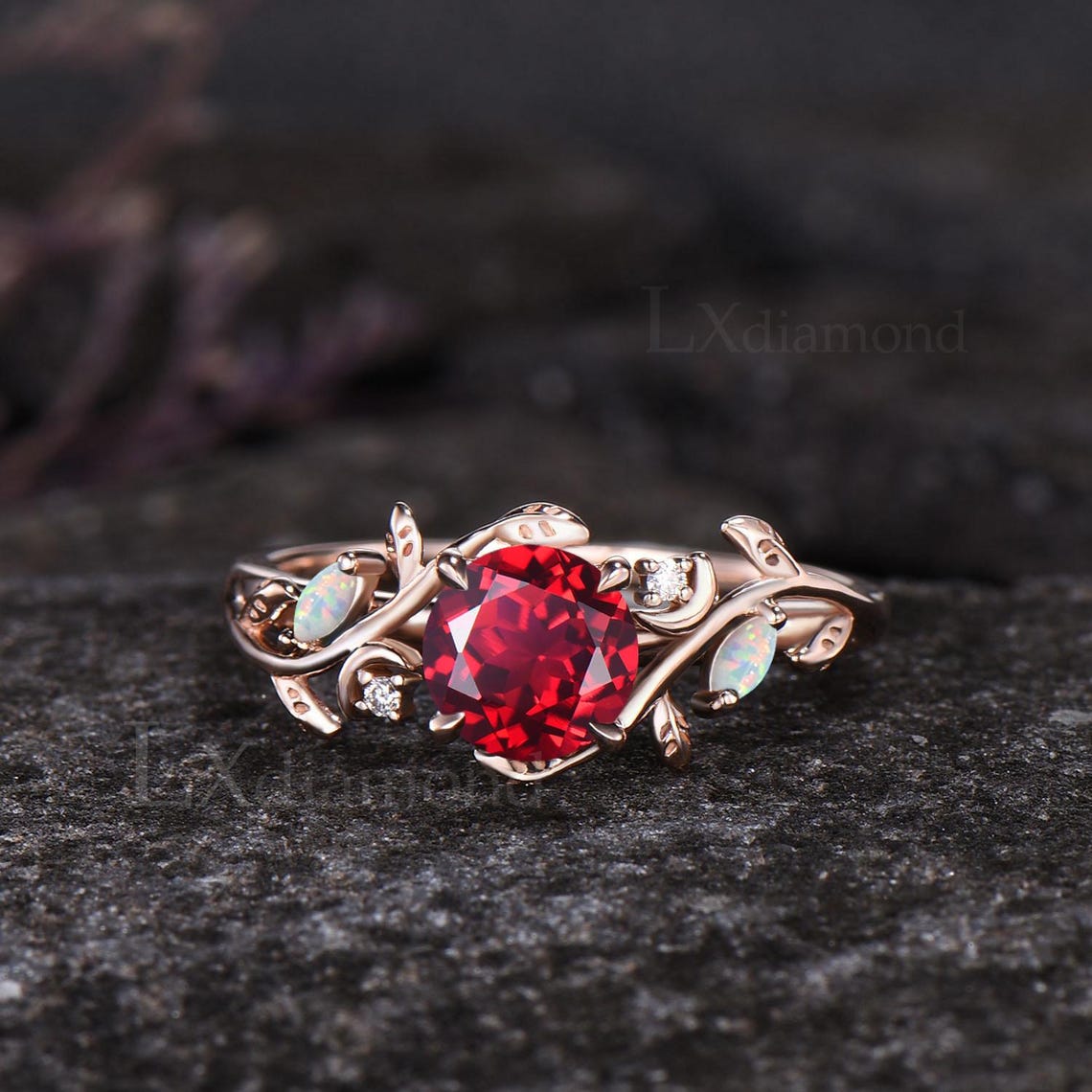 Dainty Round Cut Ruby Engagement Ring Set Unique Leaf Moon Nature ...