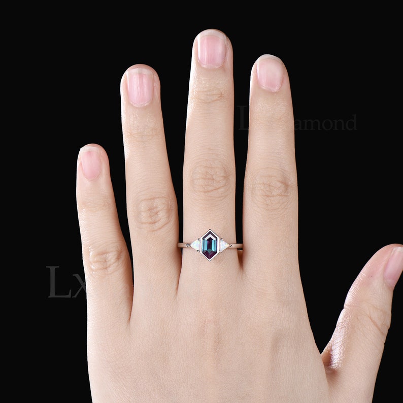 Unique Long Hexagon Cut Alexandrite Engagement Ring Art Deco October Birthstone Opal Three Stone Ring Vintage June Birthstone Bridal Ring image 9