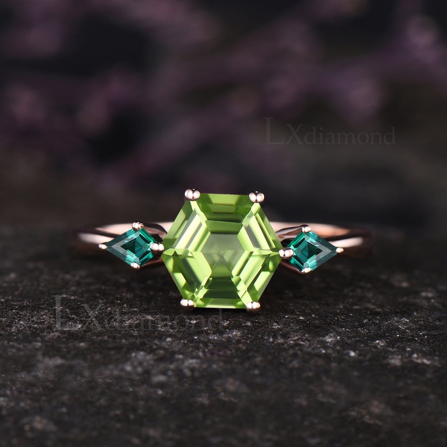 Vintage Hexagon Natural Peridot Engagement Ring Unique Emerald Green Gemstone Three Stone Wedding Ring Art Deco August Birthstone Jewelry