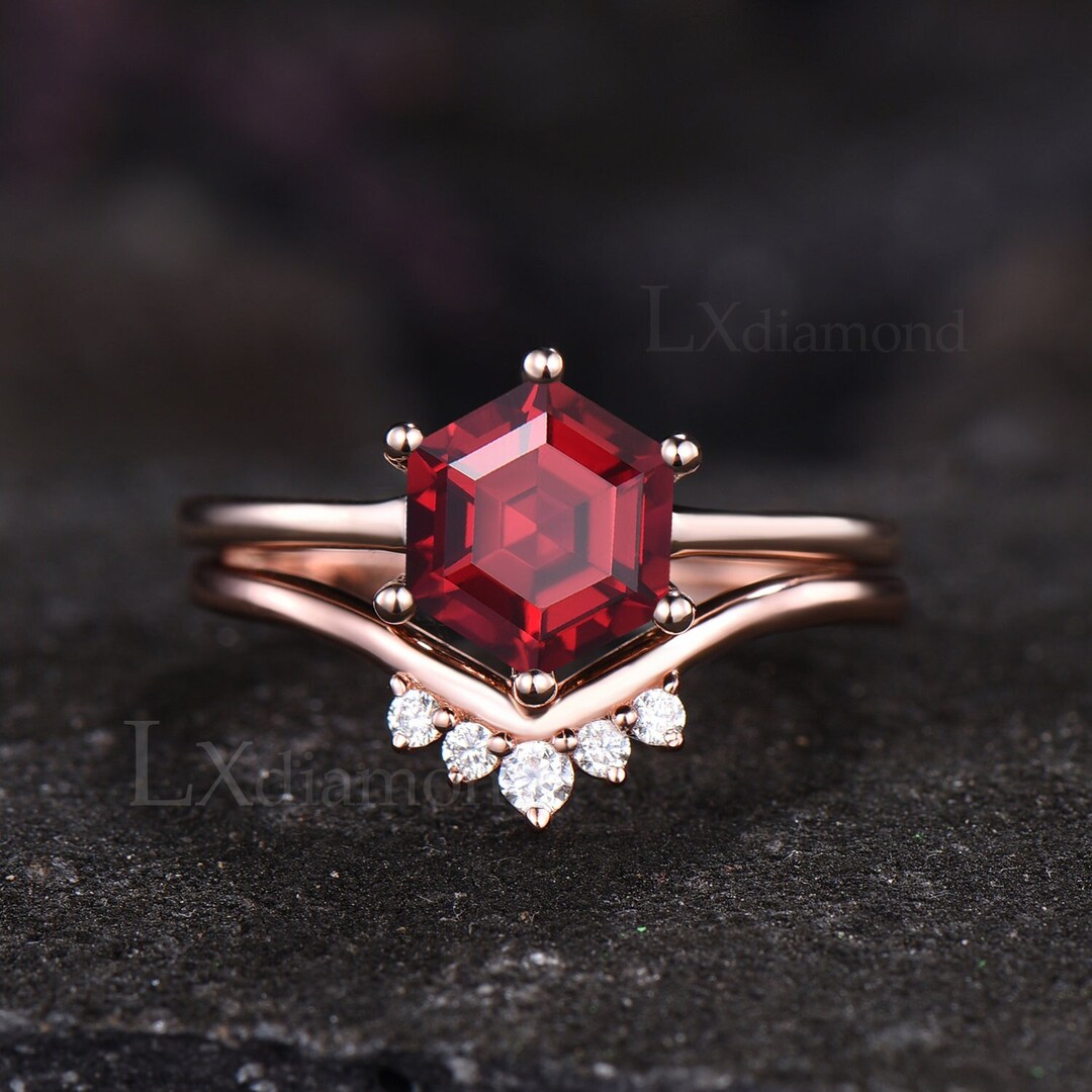 Hexagon Cut Ruby Engagement Ring Set Unique Red Gemstone Solitaire Ring ...