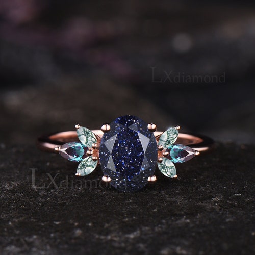 Unique Galaxy Healing Oval Cut Blue Sandstone Engagement Ring Moss Agate Wedding Ring Vintage 14k Rose Gold June Birthstone Alexandrite Ring