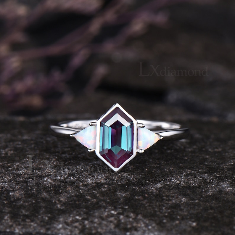 Unique Long Hexagon Cut Alexandrite Engagement Ring Art Deco October ...