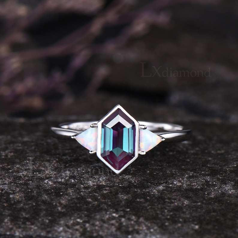 Unique Long Hexagon Cut Alexandrite Engagement Ring Art Deco October Birthstone Opal Three Stone Ring Vintage June Birthstone Bridal Ring image 8