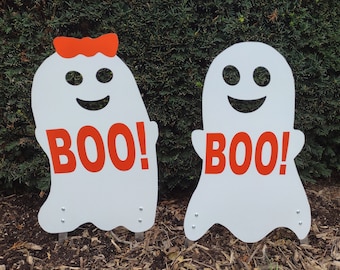 Set of 2 Hand-Crafted, Large, Super-Cute Boy and Girl Happy Halloween Ghosts Yard Art Decoration