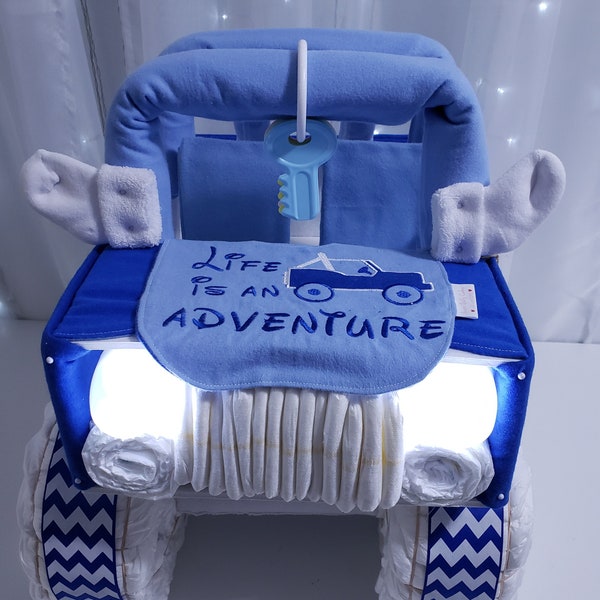 Blue and White 4x4 Diaper Cake for a Baby Shower Centerpiece or Baby Shower Gift for Boy