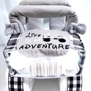 Black and Gray Plaid 4x4 Diaper Cake Centerpiece or Baby Shower Gift for Boy or Girl