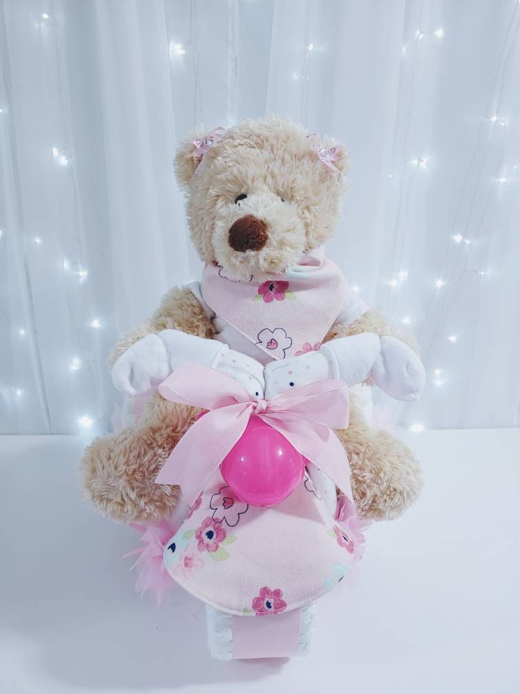 Pink Floral Tricycle Diaper Cake for Baby Shower Gift or Centerpiece for Baby Girl