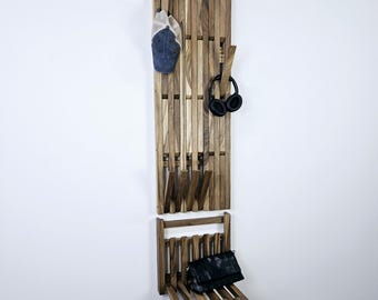Wall mounted organizer + Hallway bench transformer.Natural Walnut