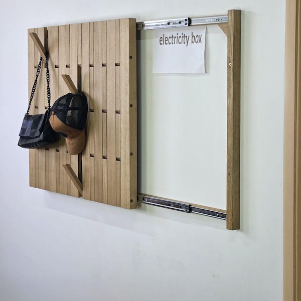 Wandorganizer, verborgen afdekking voor elektrische aansluitdoos, afdekking voor meterkast, kapstok van multiplex, geruisloos schuifsysteem, push-pull afdekking voor elektrische verdeelkast binnenshuis.