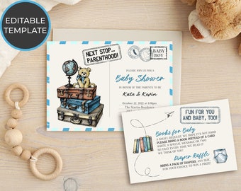 Baby Shower Invitation Set, Vintage Travel, Editable, Printable, DIY Invitation