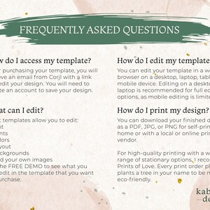Peut inclure: Un graphique vert et blanc avec le texte "Frequently Asked Questions" dans un encadr&eacute; vert. Le graphique fournit des informations sur l'acc&egrave;s, la modification et l'impression de mod&egrave;les. Le texte comprend les mots "Corjl", "PDF", "JPG", "PNG", "Prints of Love" et "kabrazzle design".