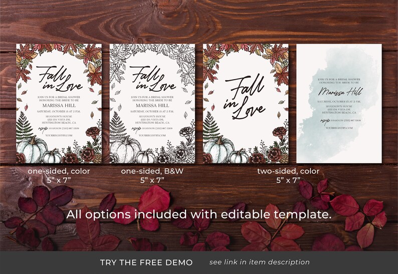 Pode incluir: Quatro vers&otilde;es diferentes de um convite para um ch&aacute; de panela com tema de outono. O convite apresenta um fundo branco com uma coroa de folhas de outono e ab&oacute;boras. O texto "Fall in Love" est&aacute; escrito em letra preta. O convite est&aacute; dispon&iacute;vel em cor de um lado, em preto e branco de um lado e em cor de dois lados. Os convites medem 12,7 cm por 17,8 cm.