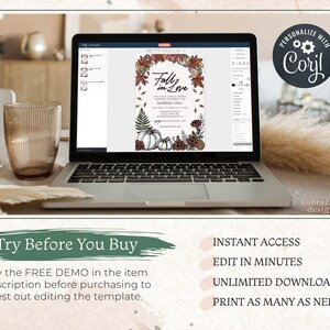 Pode incluir: Uma tela de laptop mostrando um modelo de convite digital com o texto "Fall in Love" e um design de outono. O modelo est&aacute; sendo editado usando o software Corjl. O texto "Try Before You Buy" &eacute; exibido abaixo do laptop.