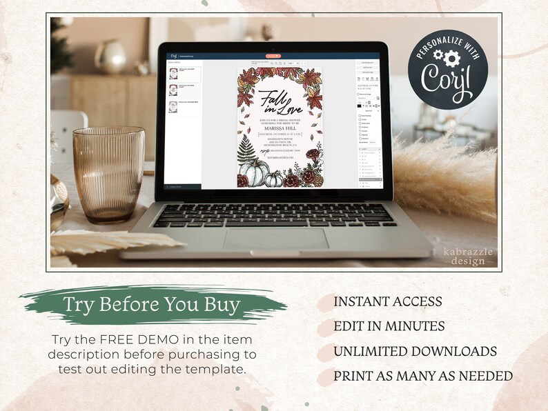 Pode incluir: Uma tela de laptop mostrando um modelo de convite digital com o texto "Fall in Love" e um design de outono. O modelo est&aacute; sendo editado usando o software Corjl. O texto "Try Before You Buy" &eacute; exibido abaixo do laptop.