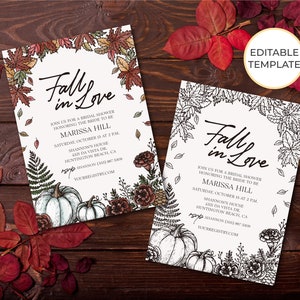 Könnte beinhalten: Zwei druckbare Einladungen zu einer Brautparty mit Herbstthema. Die Einladungen zeigen einen Kranz aus Herbstblättern und Kürbissen mit dem Text "Fall in Love" und dem Namen der Braut, "Marissa Hill".