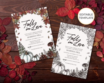 Bridal Shower Invitation Template, Fall in Love, Autumn, Editable, Printable, DIY Invitation