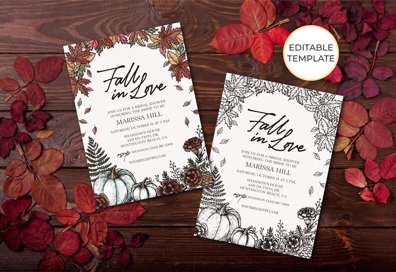 Pode incluir: Dois convites imprim&iacute;veis para um ch&aacute; de panela com tema de outono. Os convites apresentam uma coroa de folhas de outono e ab&oacute;boras com o texto "Fall in Love" e o nome da noiva, "Marissa Hill".