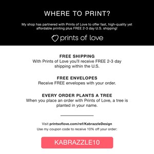 Peut inclure: Un graphique rose et blanc avec le texte "WHERE TO PRINT?" et "prints of love". Le graphique comprend &eacute;galement des informations sur la livraison gratuite, les enveloppes gratuites et un programme de plantation d'arbres. Le texte "KABRAZZLE10" est sur un bouton rose.