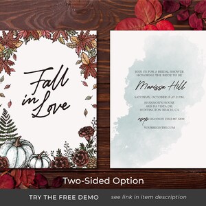 Pode incluir: Um convite de dois lados com tema de outono. A frente apresenta uma coroa de folhas de outono e o texto "Fall in Love". O verso tem um fundo de aquarela e um texto que diz "Junte-se a n&oacute;s para um ch&aacute; de panela em homenagem &agrave; noiva Marissa Hill. S&aacute;bado, 15 de outubro &agrave;s 14h. Casa de Shannon 4321 Da Vista Dr. Huntington Beach, CA. RSVP Shannon (555) 867 5309 YourRegistry.com"