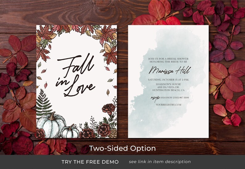 Pode incluir: Um convite de dois lados com tema de outono. A frente apresenta uma coroa de folhas de outono e o texto "Fall in Love". O verso tem um fundo de aquarela e um texto que diz "Junte-se a n&oacute;s para um ch&aacute; de panela em homenagem &agrave; noiva Marissa Hill. S&aacute;bado, 15 de outubro &agrave;s 14h. Casa de Shannon 4321 Da Vista Dr. Huntington Beach, CA. RSVP Shannon (555) 867 5309 YourRegistry.com"