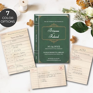 Hochzeitseinladungs-Vorlage, Buchliteraturbibliothek, bearbeitbar, druckbar, DIY-Einladung