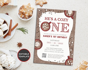 1st Birthday Invitation, Hot Cocoa Chocolate, Cozy One, Editable, Printable, DIY Invitation