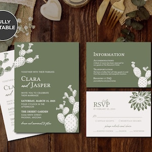 K&ouml;nnte beinhalten: Eine gr&uuml;ne und wei&szlig;e Hochzeitseinladungssuite mit einer Kaktus-Illustration. Die Einladung enth&auml;lt die Namen Clara und Jasper, das Datum und die Uhrzeit der Hochzeit sowie den Ort. Die RSVP-Karte enth&auml;lt eine Auswahl an Essensoptionen: Brath&auml;hnchen, Lachs oder vegetarisch.