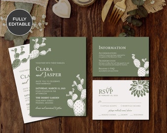BLOOMING CACTUS | Wedding Invitation Suite Template, Modern, Editable, Printable, DIY Invitation