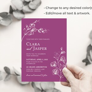 May include: A purple wedding invitation with white floral illustrations and the text "Together with their families, Clara and Jasper invite you to celebrate their marriage, Saturday, April 5, 2025, Four o'clock in the afternoon, Le Grand Arboretum, 5246 Bell Garden Lane, Fairview, Oregon, Dinner and merriment to follow."