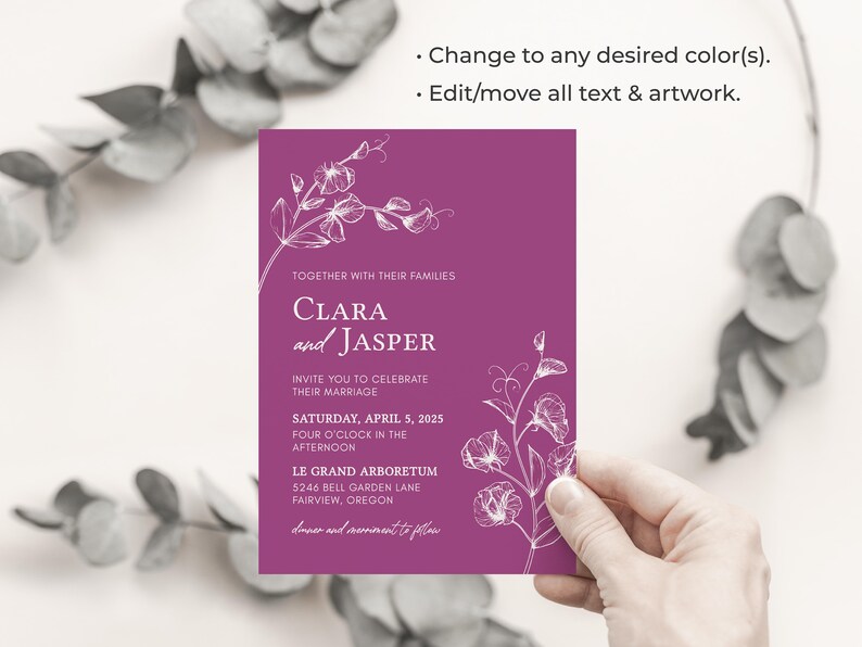 May include: A purple wedding invitation with white floral illustrations and the text "Together with their families, Clara and Jasper invite you to celebrate their marriage, Saturday, April 5, 2025, Four o'clock in the afternoon, Le Grand Arboretum, 5246 Bell Garden Lane, Fairview, Oregon, Dinner and merriment to follow."