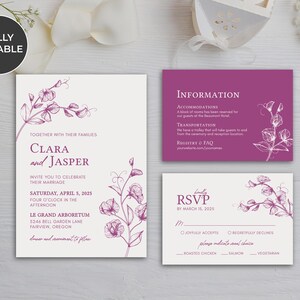 May include: A wedding invitation suite with a floral design. The invitation card is white with a purple floral illustration and the text "Clara and Jasper" in purple. The RSVP card is white with a purple floral illustration and the text "kindly RSVP by March 15, 2025". The information card is purple with a white floral illustration and the text "INFORMATION" in white.