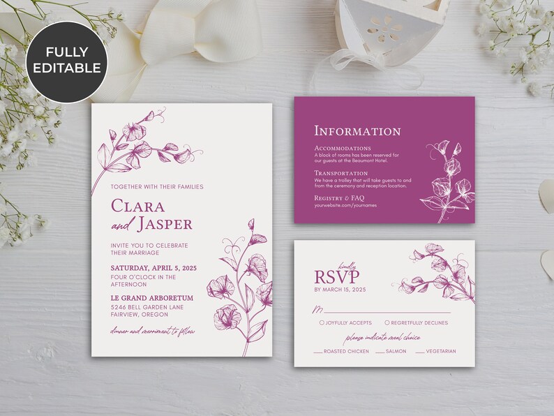May include: A wedding invitation suite with a floral design. The invitation card is white with a purple floral illustration and the text "Clara and Jasper" in purple. The RSVP card is white with a purple floral illustration and the text "kindly RSVP by March 15, 2025". The information card is purple with a white floral illustration and the text "INFORMATION" in white.