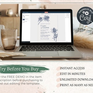 Puede incluir: Una pantalla de computadora port&aacute;til que muestra una plantilla de invitaci&oacute;n de boda con un dise&ntilde;o floral. El texto de la invitaci&oacute;n dice "Clara y Jasper". La invitaci&oacute;n se est&aacute; editando con el software Corjl. El texto "Prueba antes de comprar" se muestra en la pantalla, junto con el texto "Acceso instant&aacute;neo, Editar en minutos, Descargas ilimitadas, Imprimir tantas como sea necesario".