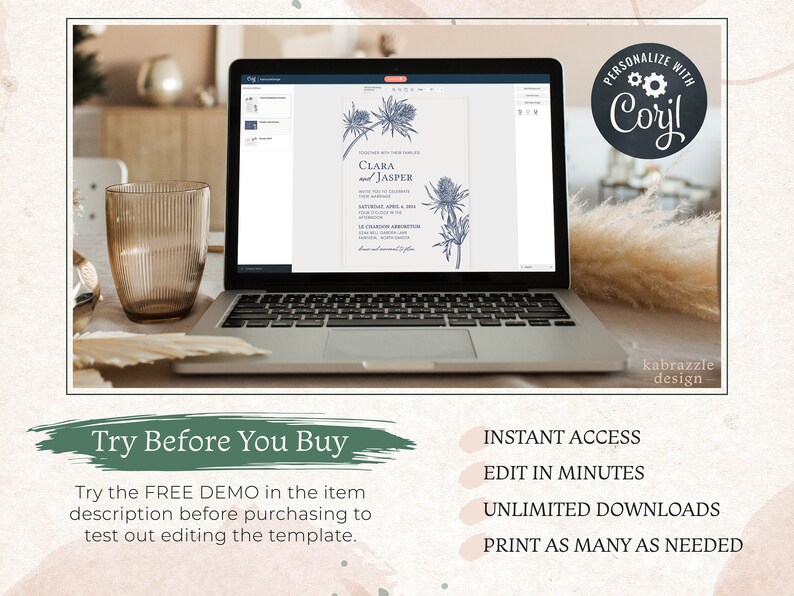 Puede incluir: Una pantalla de computadora port&aacute;til que muestra una plantilla de invitaci&oacute;n de boda con un dise&ntilde;o floral. El texto de la invitaci&oacute;n dice "Clara y Jasper". La invitaci&oacute;n se est&aacute; editando con el software Corjl. El texto "Prueba antes de comprar" se muestra en la pantalla, junto con el texto "Acceso instant&aacute;neo, Editar en minutos, Descargas ilimitadas, Imprimir tantas como sea necesario".