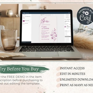 May include: A laptop screen displaying a wedding invitation template with a floral design. The template is being edited using the Corjl software. The text on the invitation reads "Clara & Jasper".