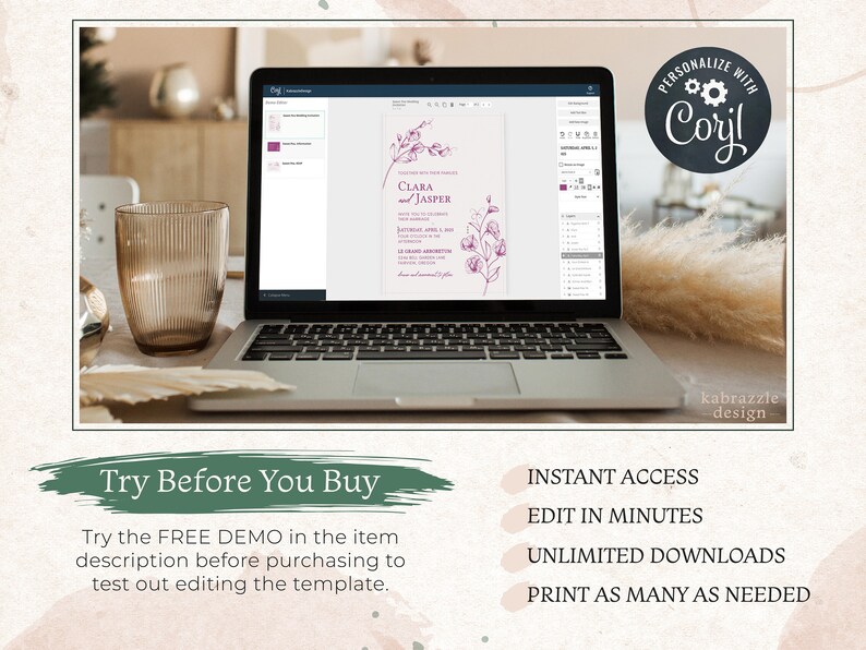 May include: A laptop screen displaying a wedding invitation template with a floral design. The template is being edited using the Corjl software. The text on the invitation reads "Clara & Jasper".
