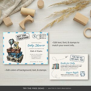 Peut inclure: Une invitation de f&ecirc;te pr&eacute;natale bleue et blanche avec un ours en peluche assis sur des valises. L'invitation indique "Prochaine &eacute;tape...Parenthood!" et "Veuillez vous joindre &agrave; nous pour une f&ecirc;te pr&eacute;natale en l'honneur des futurs parents Kate & Kevin".