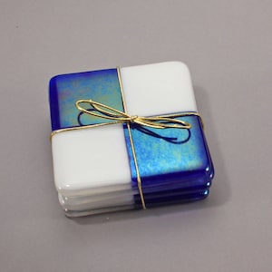 Contemporary Blue And White Checkered Coasters (set of 4)  - Barware  - Fused Glass - Housewarming - Drink Coasters - Free Shipping