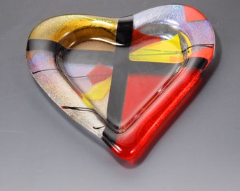 Fused Glass Heart Tray  -  Autumn Design  -  Amber and Orange  -  Heart Dish  -  Glass Art  - Corporate Gift  -  Valentine  - Trinket Tray